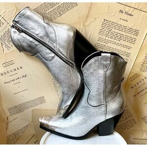 Free People Brayden Western Boot Silver Leather Pewter Etched Tip Zip